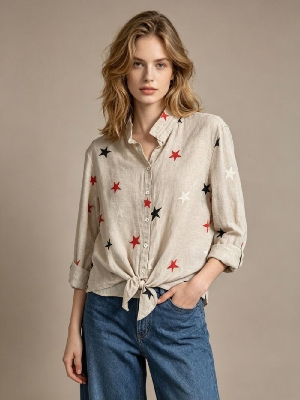 NWOT John Mark Embroidered Star Linen Long-Sleeved Front Tie Blouse Shirt Sz M